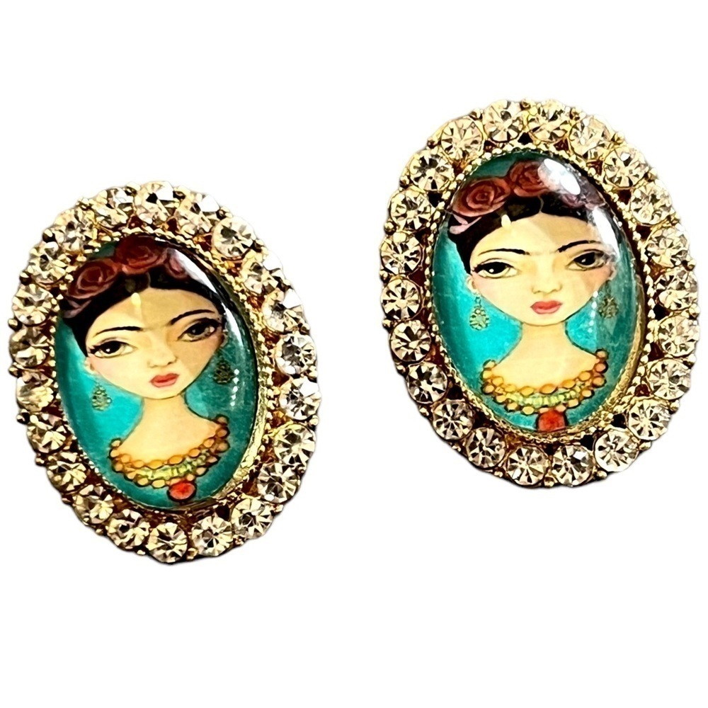 Frida Crystal Rhinestone Oval Post Earrings - Picture 4 of 5